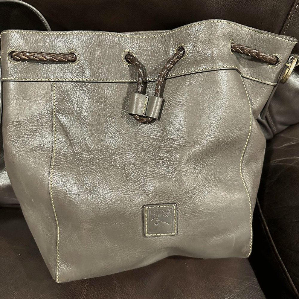 Dooney & Bourke Taupe Leather Drawstring Shoulder Hobo